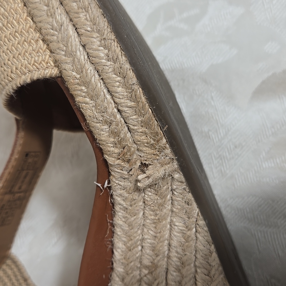 Vionic Brown Leather and Tan Raffia Fabric Wedge Sandals - Picture 9 of 11